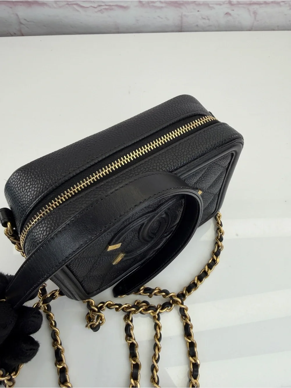 CHANEL Caviar Quilted CC Filigree Vanity Clutch With Chain Black